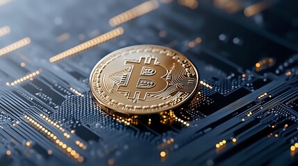 Poster - Golden bitcoin cryptocurrency coin on computer circuit board with glowing digital connections, representing digital money and blockchain technology.