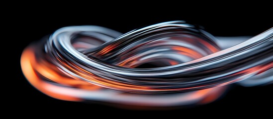 Poster - Glowing orange and silver waves create dynamic flowing lines against dark background, abstract modern art composition with light trails and smooth curves.