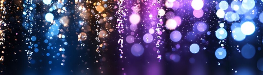 Poster - Magical glowing bokeh lights on dark background with blue and purple gradient colors creating dreamy atmospheric effect. For festive designs and celebrations.