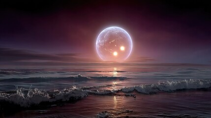 Wall Mural - an image of a celestial planet hovering above a mirrored water expanse with undulating waves as fore