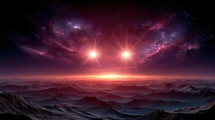 Wall Mural - the sun shines brilliantly in the night sky over a broad expanse of mountains and a far-off star-fil