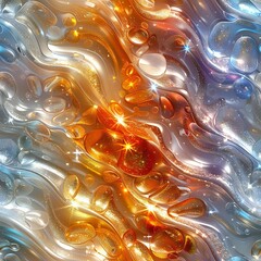 Poster - Abstract fluid art with swirling orange, blue and silver metallic waves creating dynamic motion effect with glowing light sparkles and bubble formations.