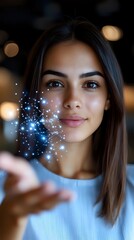 Poster - Young Hispanic woman with glowing magical sparkles floating from her palm against dark background with bokeh lights, wearing casual blue attire.