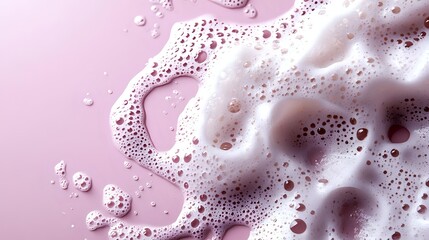 Poster - White soap foam and bubbles on pink background, macro photography with soft focus effect showing delicate texture and patterns of cleaning product lather.