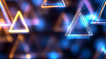 Aufkleber - Glowing neon triangles with blue and orange light effects on dark background create futuristic geometric pattern for technology and digital design concepts.