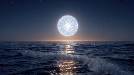 Wall Mural - a luminous lunar orb graces the tranquil horizon, casting an ethereal glow on rippling waves below w