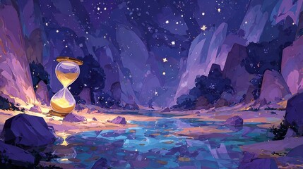 Wall Mural - a stunning image of an hourglass resting atop a rock beside a flowing river, illuminated by the twin