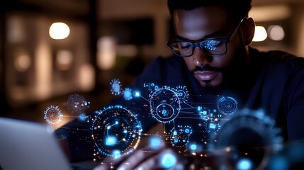 Poster - African American male professional in glasses working late with glowing digital interface projections, focusing on futuristic technology display from laptop in dark office.