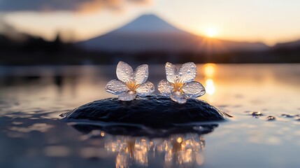 Poster - Delicate white cherry blossoms on stone against dramatic mountain lake sunset background, soft focus macro photography creates dreamy atmosphere and reflection in water.