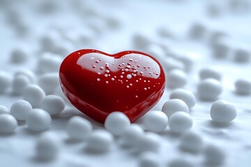 Poster - Red glossy heart with water drops surrounded by white spheres on light background, romantic love concept for Valentine's Day and anniversary designs.