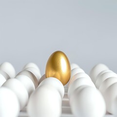 Poster - Golden egg standing out among white eggs on light background, symbolizing uniqueness, leadership and exceptional value in business concept.