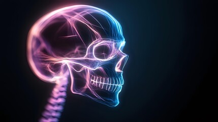 Poster - Glowing neon skull profile with pink and blue gradient light effect against dark background, anatomical side view showing detailed cranial structure.