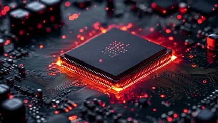 Poster - Close-up view of a glowing microchip on a circuit board surrounded by electronic components at night