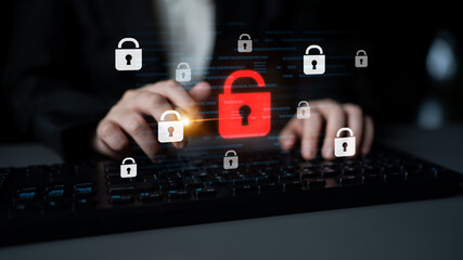 Poster - Digital security concept illustrating a cybersecurity breach, with a red unlocked padlock indicating data exposure among secure systems, emphasizing system vulnerability and risk Latch