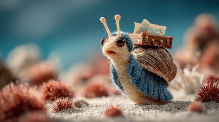 Canvas Print -   A snail carrying luggage sits atop a coral pile