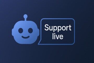 Poster - A friendly, cartoon-like robot icon displays Support live in a text bubble, all set against a gradient-blue background. customer support service