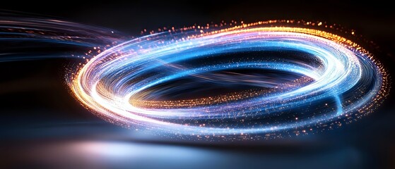 Poster - Glowing spiral light trail with blue and orange particles creating dynamic motion effect against dark background, abstract energy flow visualization.