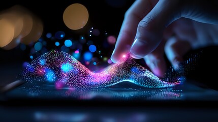 Poster - Futuristic digital wave visualization with glowing particles and human hand interaction on dark background with bokeh lights creating magical atmosphere.