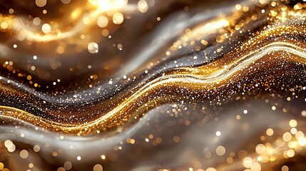 Poster - Luxurious golden wave with sparkling glitter particles and bokeh lights on dark background creates elegant flowing abstract design for festive backgrounds.