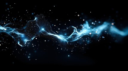 Poster - Glowing blue energy wave with sparkling particles flowing through dark space, creating dynamic motion effect against black background. For tech and science designs.
