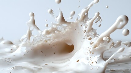 Poster - Creamy white milk splash with dynamic droplets and crown formation against light background, capturing liquid motion in high-speed photography for dairy advertising.