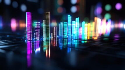 Poster - Vibrant neon audio equalizer bars in rainbow colors reflecting on dark surface with bokeh lights in background, digital music visualization concept.