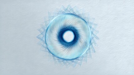 Poster - Ethereal blue spiral pattern with delicate geometric lines radiating from central bright circle on light background, creating mesmerizing optical illusion effect.