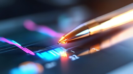 Poster - Glowing pen tip touching digital chart with financial data visualization in blue and pink neon colors on dark background, macro photography style.