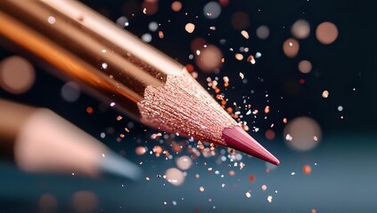 Poster - Sharp pink pencil tip with magical sparkles and bokeh effects on dark background, creative macro photography highlighting artistic inspiration and creativity.