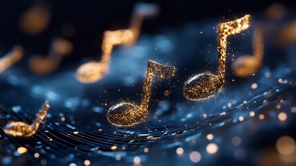 Poster - Glowing golden musical notes floating on dark blue background with bokeh lights and sparkles create magical atmosphere for music and entertainment designs.