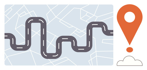 Poster - Curved road path on abstract map pattern with orange location pin and small cloud below. Ideal for navigation, travel, logistics, direction, planning, journey, GPS themes, simple flat metaphor