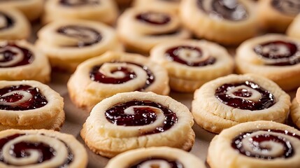 Poster - Homemade spiral cookies with raspberry jam filling arranged in rows, fresh baked shortbread swirl biscuits with sweet fruit preserve center for holiday treats.