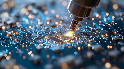 Poster - Macro shot of electronic circuit board with soldering iron tip creating bright sparks and bokeh effect against blue technological background.