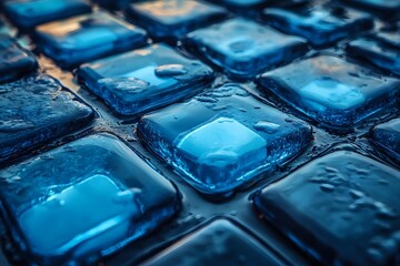 Poster - Macro view of blue glass tiles with water drops creating reflective surface and depth effect. Abstract architectural background with wet glossy texture.
