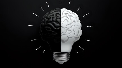 Aufkleber - Creative light bulb shaped as human brain split in black and white halves with radiating lines, representing contrast between mind states and innovative thinking.