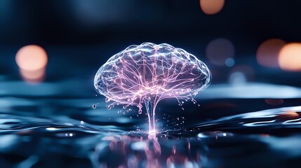 Aufkleber - Glowing pink brain-shaped splash of water with luminous neural connections against dark background with bokeh lights, representing artificial intelligence concept.