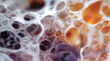 Poster - Macro photography of soap bubbles in orange and purple gradient colors creating abstract pattern with delicate foam texture and translucent spherical shapes.