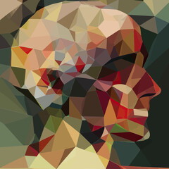 Poster - Low poly geometric abstract human head profile with brain shapes in warm earth tones digital vector art illustration for science technology concept