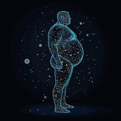 Poster - Obese male body wireframe with starry space and glowing points abstract digital health concept in side view silhouette vector illustration
