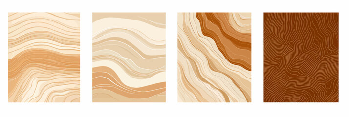Poster - Set of four abstract minimalist vector backgrounds with organic wavy lines patterns in beige and caramel brown tones for modern decorative design