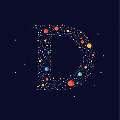 Poster - Letter D shaped constellation and planets design with connected starry points and night sky cosmic space theme in flat vector style