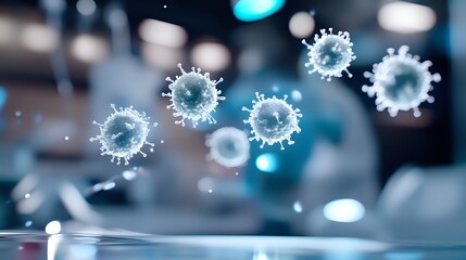 Poster - Microscopic virus cells floating in blue atmospheric background with bokeh lights, scientific medical research concept for healthcare and disease prevention.