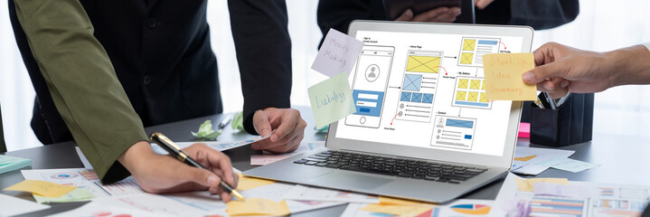 Poster - Analyst team use sticky note for creative and analytic brainstorm for business idea with BI data dashboard on laptop screen. Analysis financial data visualization tech for marketing strategy. Prodigy