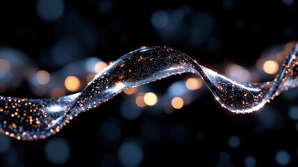 Poster - Glowing wave of sparkling particles flowing on dark background with bokeh lights creates magical atmosphere for festive designs and backgrounds.