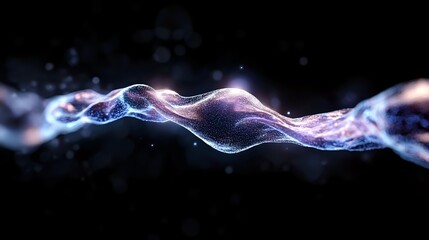 Poster - Glowing abstract wave pattern with luminous particles in motion against dark background, featuring purple and blue light trails for technology designs.