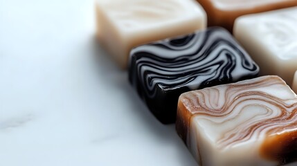 Poster - Artisanal chocolate bonbons with elegant marble swirl pattern in black, white and caramel colors on light background, macro food photography for confectionery marketing.