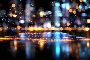 Poster - Glowing abstract city lights reflected in water with blurred bokeh effect creating magical nighttime urban atmosphere. Colorful defocused background.