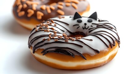 Poster - Glazed donut decorated as cute cat face with chocolate icing, whiskers and ears on white background, creative pastry design for bakery and cafe menu.