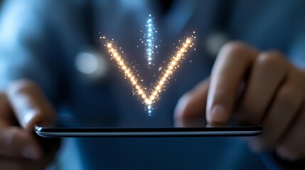 Poster - Glowing arrow pointing downward to smartphone screen held in hands against dark background, symbolizing mobile download or app installation concept.