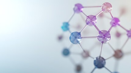 Poster - Molecular structure with connected spheres in soft purple, pink and blue colors on light background, scientific concept visualization for chemistry and biology.